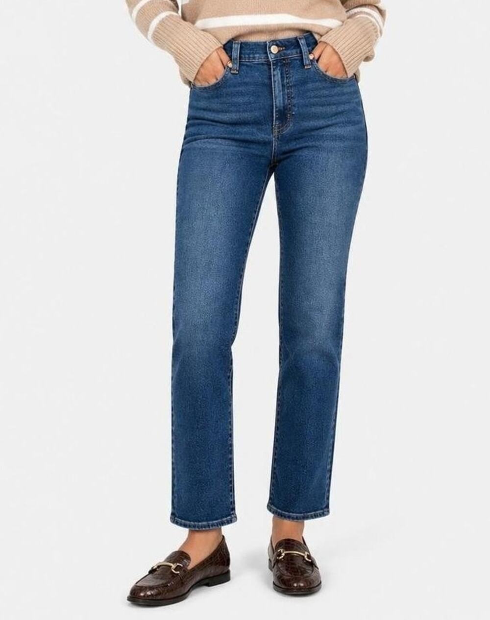 J. Crew Womens High-Rise Stovepipe Jeans Straight Leg Size 27 Blue Raw Hem Denim